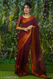 Maroon chiffon saree with captivating copper zari border, handloom crafted for special occasions