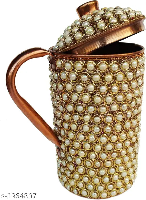 Pure copper water jug dinnerware set for Ayurvedic health, 12cm x 11cm x 23cm, pearl design, suitable for gifts and events, washable outer decoration, 1500ml capacity, handcrafted in India