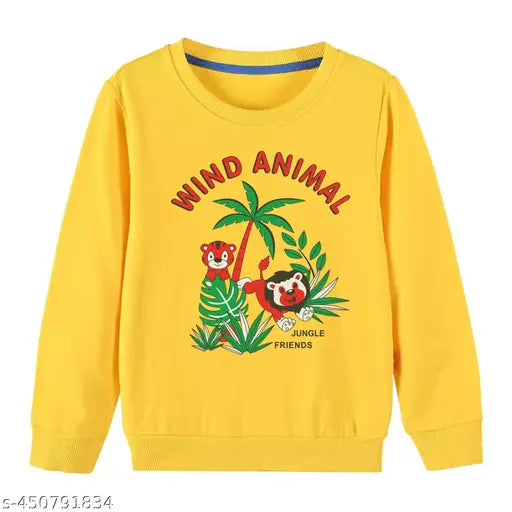 Cotton blend winter kids sweatshirt with jungle lion family print, available in multiple vibrant colors for ages 2 to 8. Full sleeves design and ribbed neck for comfort. Made in India