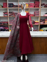 Maroon faux Georgette Anarkali dress with dupatta, long sleeves, flared fit, suitable for festive/party wear