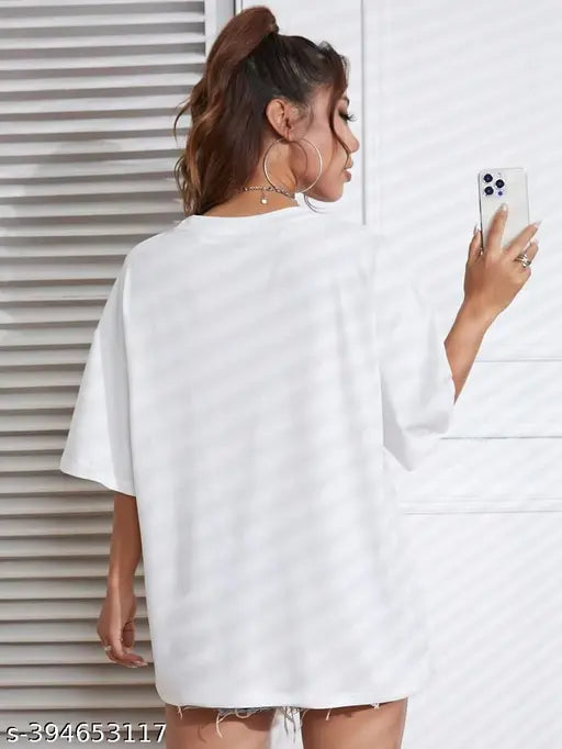 White cotton baggy lavender t-shirt for women, oversized, short sleeves, printed design