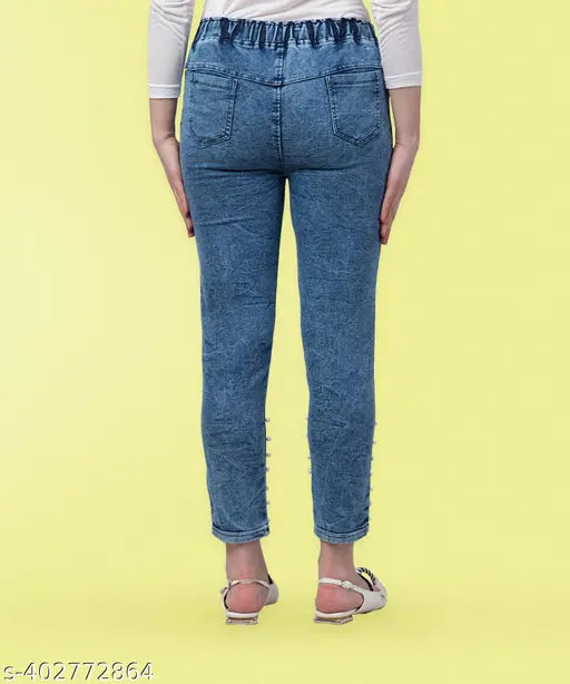 Premium Denim Baggy Jogger Jeans, Pearl Blue & Grey, Stretchable, Plus Size XL2XL-4XL, Anti-shrink fabric for women's mid-rise party wear