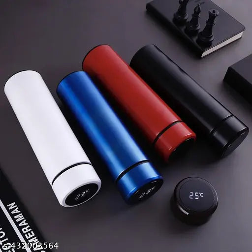Black stainless steel LED temperature display water bottle, leak-proof and BIS/ISI certified, ideal for fitness and hydration
