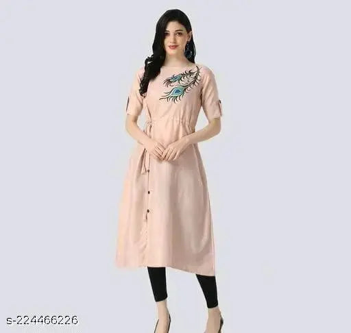 Peach printed combos, short-sleeve quirky kurti for women - cotton, lace detailing, curved V-neck, three-quarter sleeves