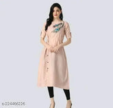 Peach printed combos, short-sleeve quirky kurti for women - cotton, lace detailing, curved V-neck, three-quarter sleeves
