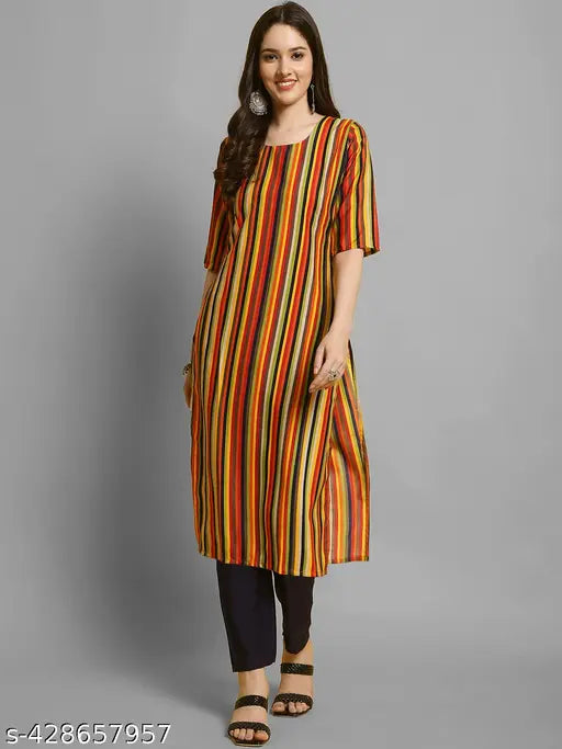 Women's yellow striped crepe kurti with palazzos, cotton ethnic wear for festive occasions
