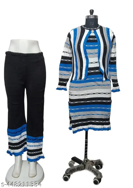 Blue woolen women's winter wear jacket & palazzo set with three-quarter sleeves, printed net design