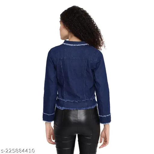 Denim women's jacket combo, long sleeves, solid pattern leather denim for winter wear