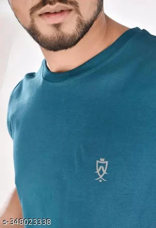 Blue printed cotton round-neck fit short sleeves men's T-shirt, casual gym wear on hanger