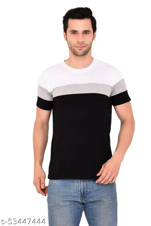 Cotton blend color blocked classy T-shirt for men, short sleeves - India
