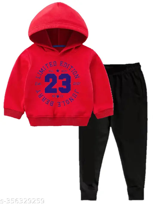 Red cotton winter sweatshirt hoodies and pants set for boys and girls, warm and comfortable kids' clothing