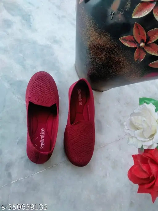 Cherry red textured mesh bellies for woman and girls, stylish and comfortable footwear with EVA innersole for summer and winter wear