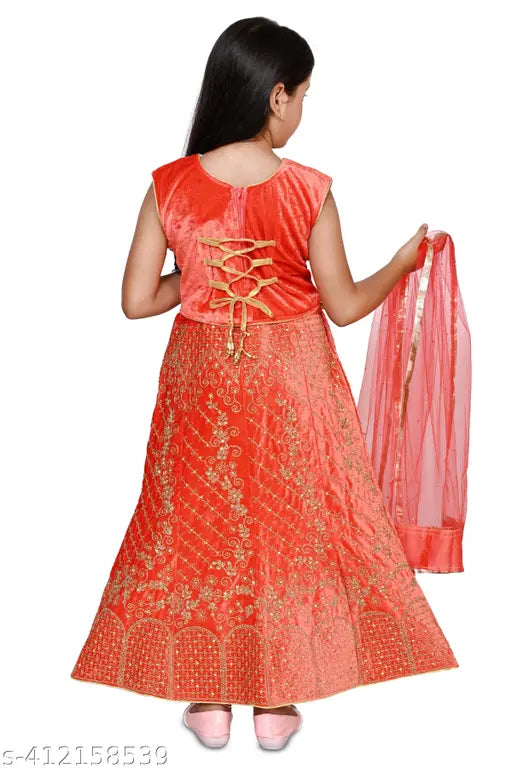 Kids velvet lahenga with gold glitter, embellished in Aari work and Zari woven pattern, available in sizes 8-12 years, made from velvet fabric for the lehenga and net for the dupatta