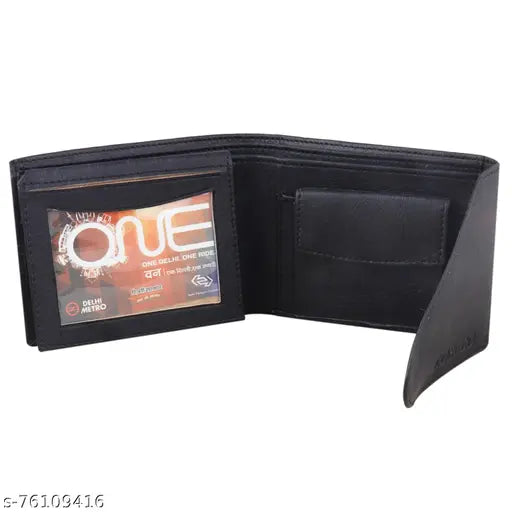 Faux leather black wallet with 2 compartments, matte finish and stitch detail - Indian design