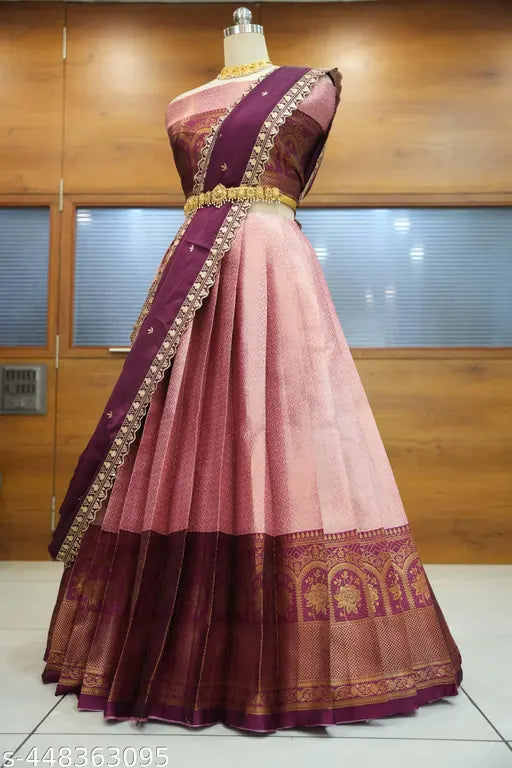 Litchi Silk Zari work Half Saree, embroidered Rangoli dupatta - festive South Indian style semi-stitched, ready to ship from India