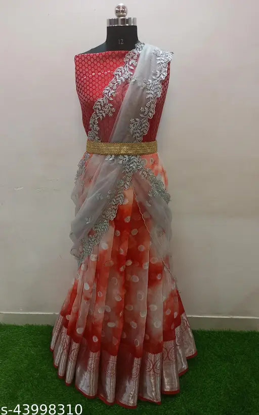 Unstitched Red Organza Lehenga Choli & Silver Net Dupatta Set with Embroidery, South Indian style, for traditional Indian weddings