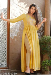 Rayon yellow front gather Naira cut kurtas, Indian traditional long clothing for women & girls in three-quarter sleeves with printed pattern