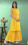 Striped rayon kurta set with sharara bottomwear in yellow color, three-quarter sleeve length. Indian fashion wear for women in various sizes (S-XXXL)