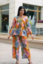 Soft printed rayon night suit co-ord set for women and girls, perfect for comfort and relaxation