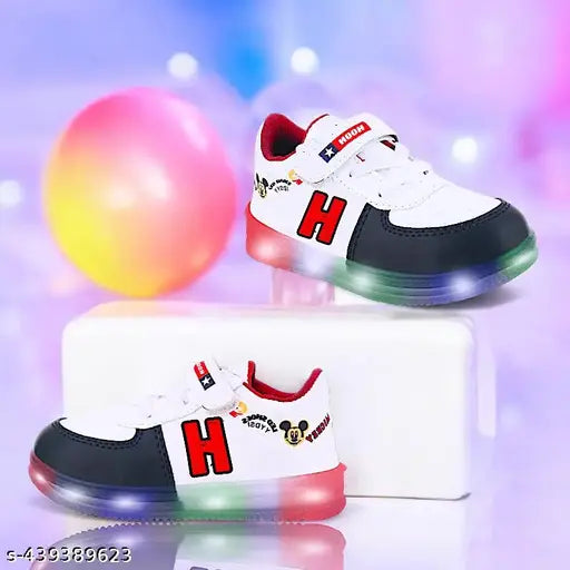 Red synthetic leather LED light shoes for kids (ages 0-5), breathable cotton blend material with adjustable Velcro closure and waterproof design