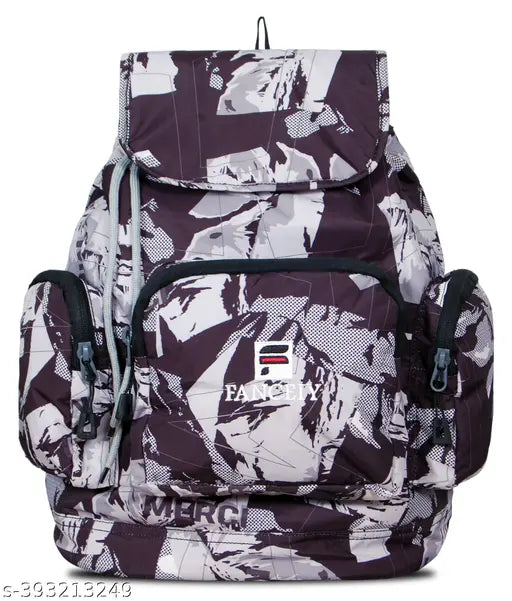 Black and white textured polyester FANCEIY Medium Girls Backpack for school/college use, featuring a drawstring closure and multiple pockets, ideal for casual outings or travel adventures