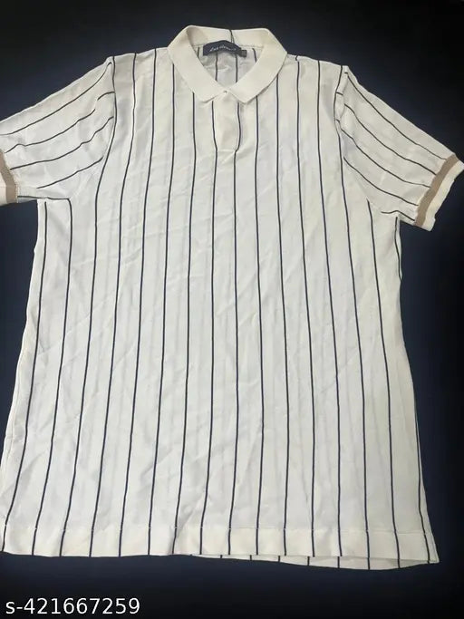 Black and white striped rayon polo t-shirt for women, short sleeves with polo collar and regular fit