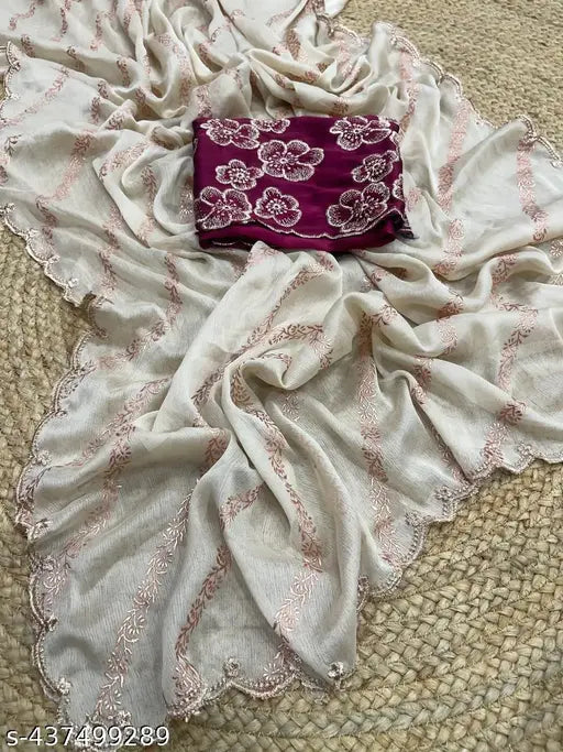 Cream chiffon saree with zari woven and embroidered net blouse, Indian handloom fashion