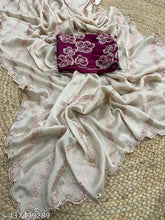 Cream chiffon saree with zari woven and embroidered net blouse, Indian handloom fashion