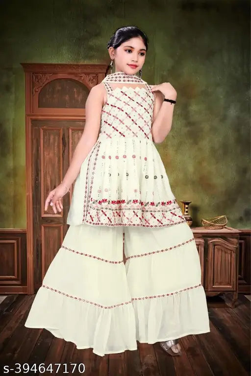Cream Georgette Anarkali Sharara with Embroidered Sleeve and Dupatta, Indian kids' outfit (3-14 years)