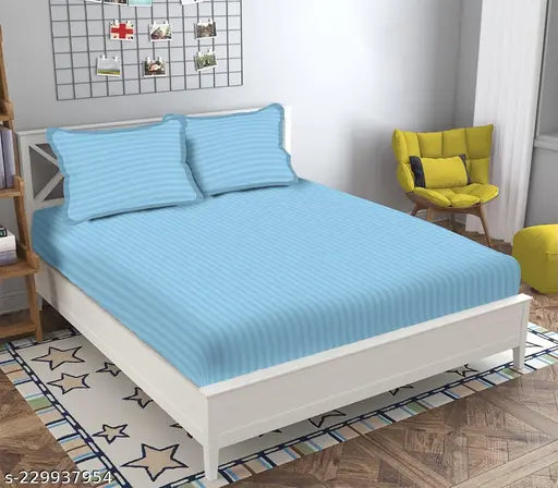 Haasya premium striped sky cotton bedsheet set, double king size with elastic fit and two pillow covers, ideal for summer adult use