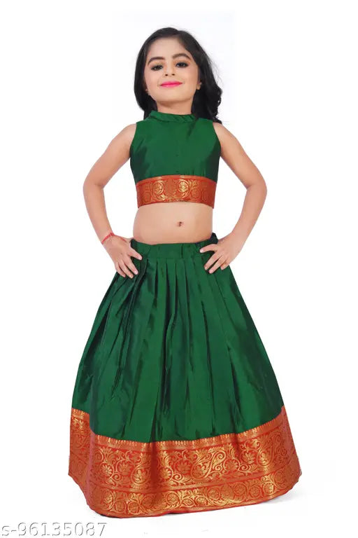 Girls Pattu Pavadai Lehenga Choli Set, cotton silk with acrylic dupatta, Indian traditional outfit for girls aged 1-16 years
