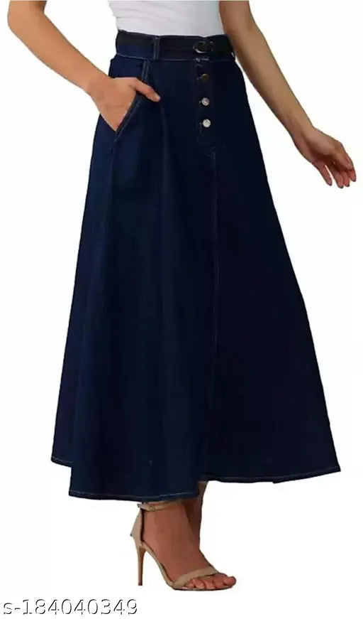 Blue stretch denim midi skirt with side pockets, perfect for western style, suitable for all seasons
