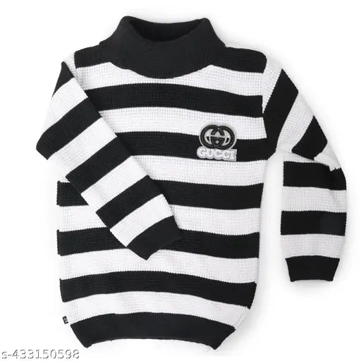 Striped high neck black & white sweater for kids, wool with long sleeves, printed pattern on 3-4, 5-6, or 7-8 year olds