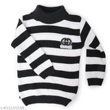 Striped high neck black & white sweater for kids, wool with long sleeves, printed pattern on 3-4, 5-6, or 7-8 year olds