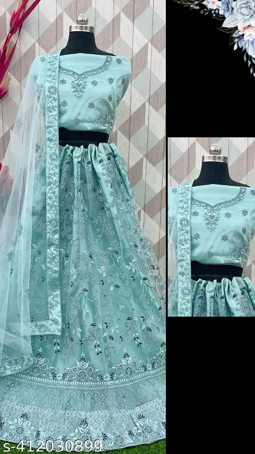 Sky blue embroidered net lehenga choli for women, free size with 2.5m dupatta, perfect for parties and weddings