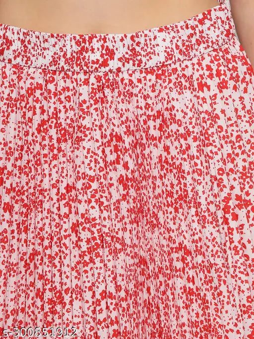 Printed polyester pleated midi skirt, Western design, premium quality, elastic waistline, perfect for work or casual wear. Indian-made