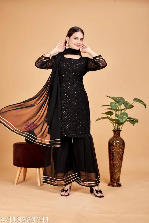 Embellished Georgette women's kurti & kurtas set with shararas, three-quarter sleeves, and dupatta - Indian traditional wear for sizes S to XXXL