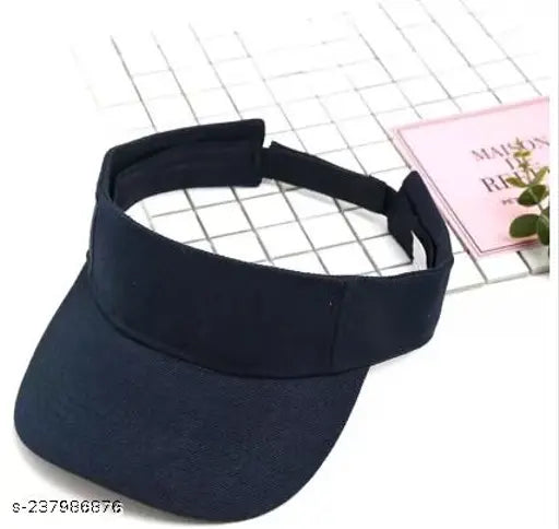 Navy Blue adjustable visor cap (Missby®) with UV protection, perfect for all seasons. Solid cotton design with an anti-sweat & hair-fix panel liner. Adjustable and washable for a one-size-fits-most fit. Stylish accessory for sports and outdoor activities