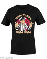 Black cotton blend round neck T-shirt with Chin Tapak Dam Dam print, suitable for daily wear. Made in India