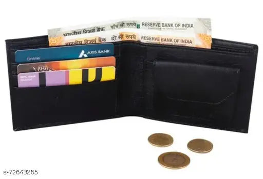 Black PU leather formal wallet, trendy design with 3 card slots and 2 compartments for currency and coins, perfect for casual evening parties or travel