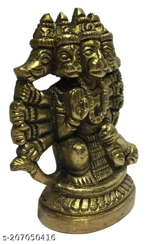 Brass Panchamukha Hanuman statue, 2.5 inches high, Indian God Idol kneeling in ashirvad posture