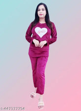 Maroon women's woolen winter night suit, solid design, long sleeves - Indian-made