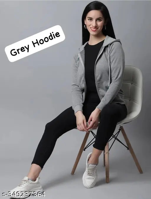 Light grey fleece zip-up hoodie for women/girls, solid style, long sleeves, made in India