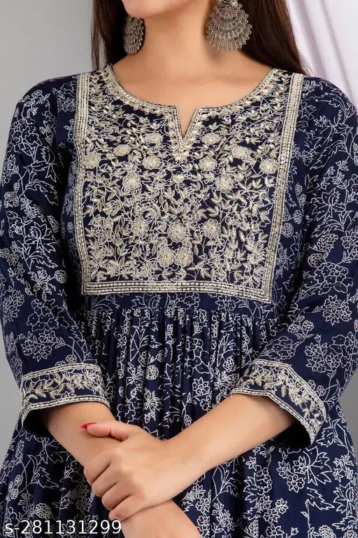 Blue rayon embroidered kurta with cotton pants, traditional Indian ethnic wear for women