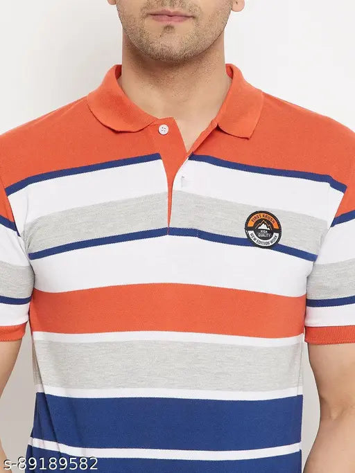 Colorblocked cotton blend men's rust embroidery half sleeve polo t-shirt, short sleeves on display, made in India