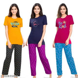 Printed cotton women's nightdress with short sleeves, featuring a relaxed t-shirt style top and pyjama bottoms, available in sizes S-XXL from India