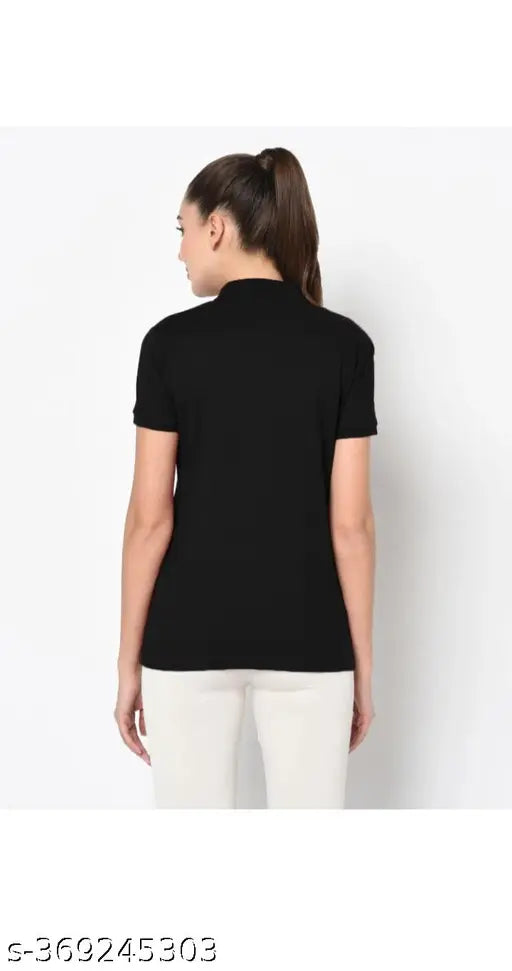 Black cotton-blend women's polo neck t-shirt with short sleeves, solid design