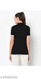 Black cotton-blend women's polo neck t-shirt with short sleeves, solid design