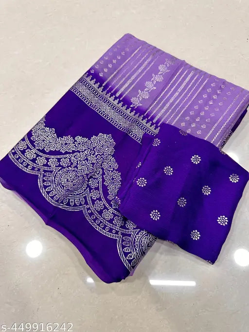 Chiffon saree with lace border, foil print all over on display - Indian budget range Shiffon Georget saree