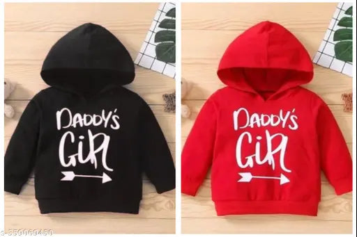 Red & black combo infant hoodie sweatshirt with daddy's girl print, fleece inside, long sleeves, wool fabric. Casual and stylish for boys and girls. Premium quality and easy care. Multiple sizes available. Made in India
